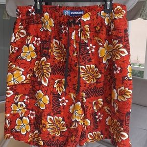 Outlooks swim trunks. Orange with hibiscus sz L